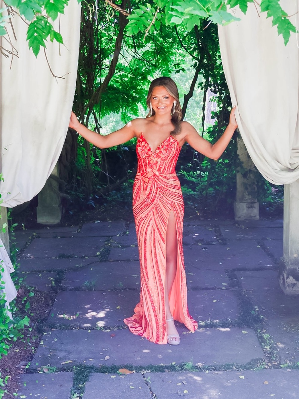 Coral Sequin Strapless Evening Gown with High Slit